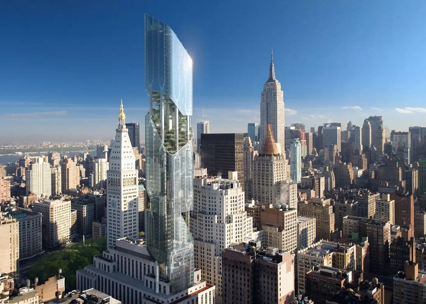 Rendering of a glass tower with gardens cut into its upper floors, beside the clock tower at Madison Square, with the Empire State Building beyond.