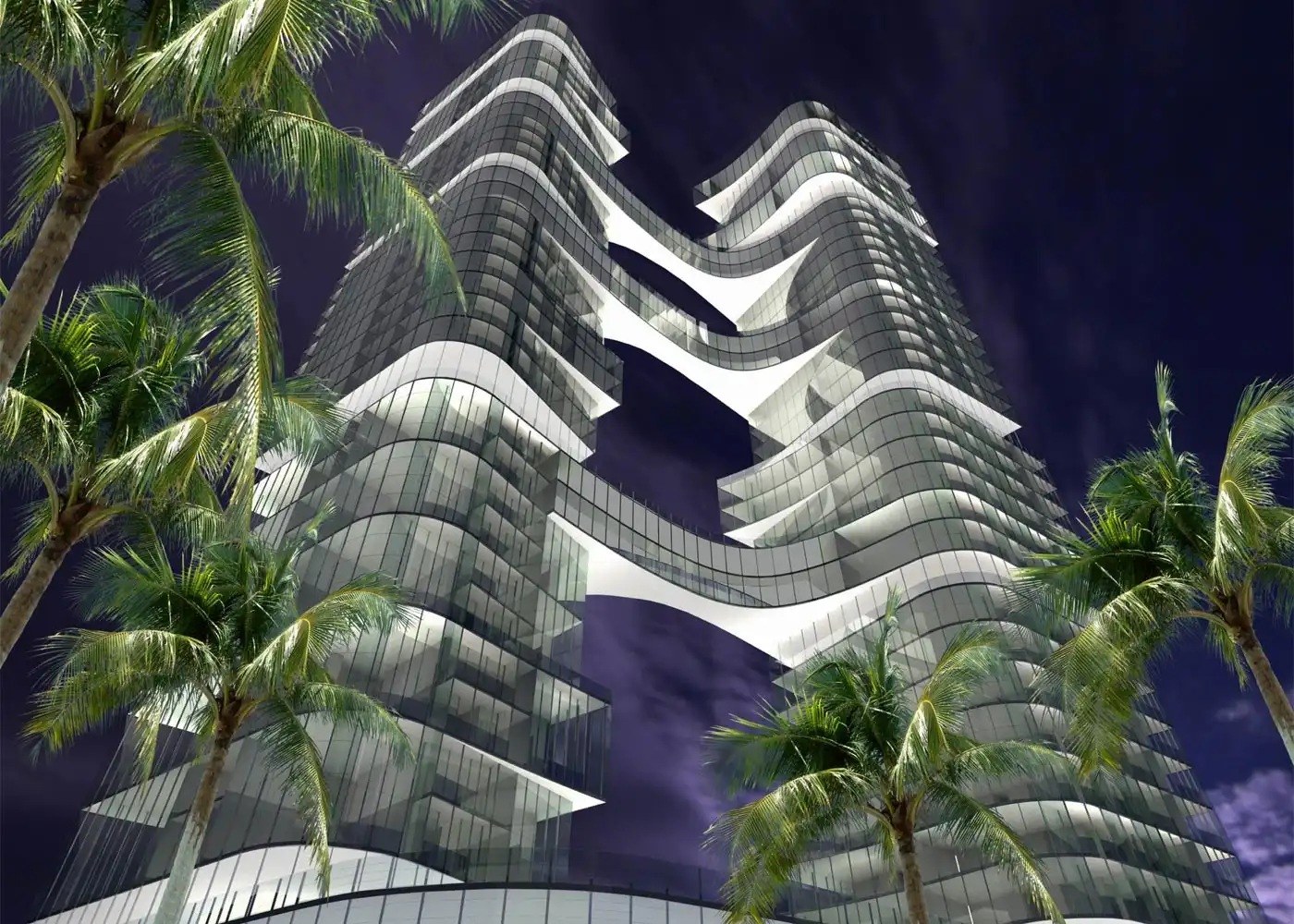 Night rendering of two glass towers wrapped in curving white bands and joined by bridges, seen from below through palm trees.